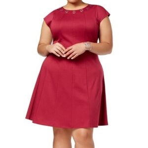 NWT NY Collection Grommet Short Cap Sleeve‎ Knee-Length Beet Red Midi Dress 1X